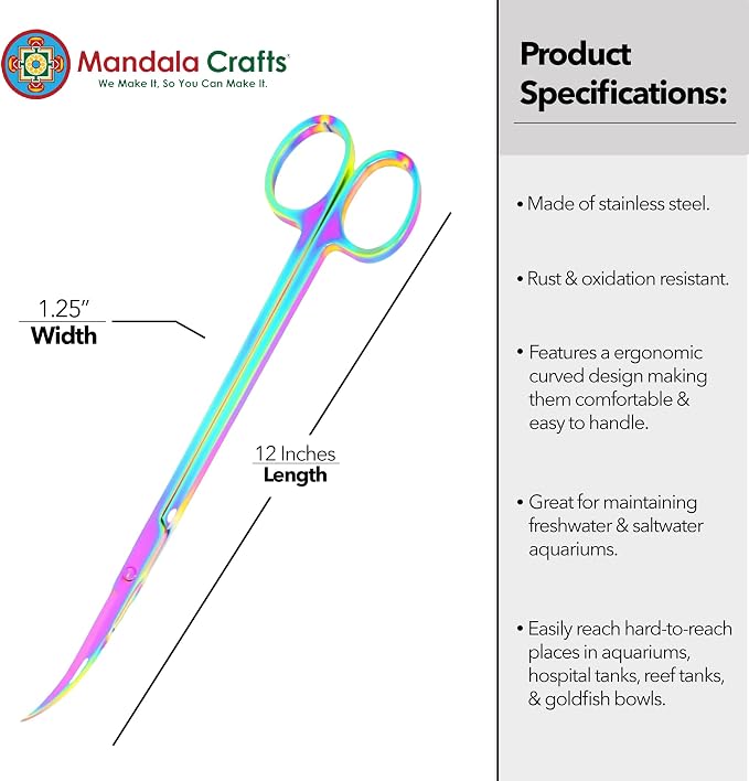 Mandala Crafts 12 Inches Rainbow Stainless Steel Curved Aquarium Scissors - Image 3