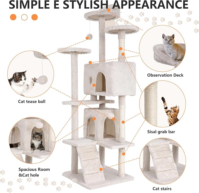 70 Inch Beige Cat Tree, Tall Cat Tower - Image 5