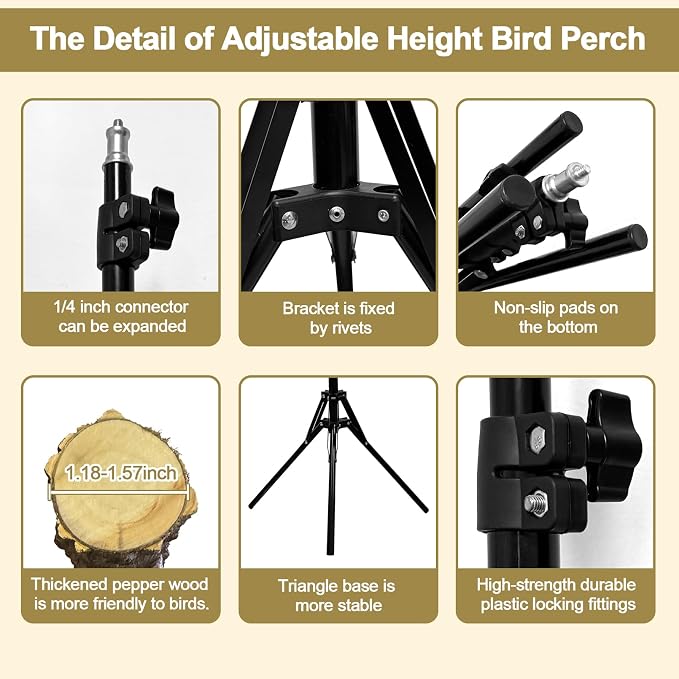 3-Layer 16-63 Inch Height Adjustable Bird Perch Pepper Wood Birds Training - Image 5