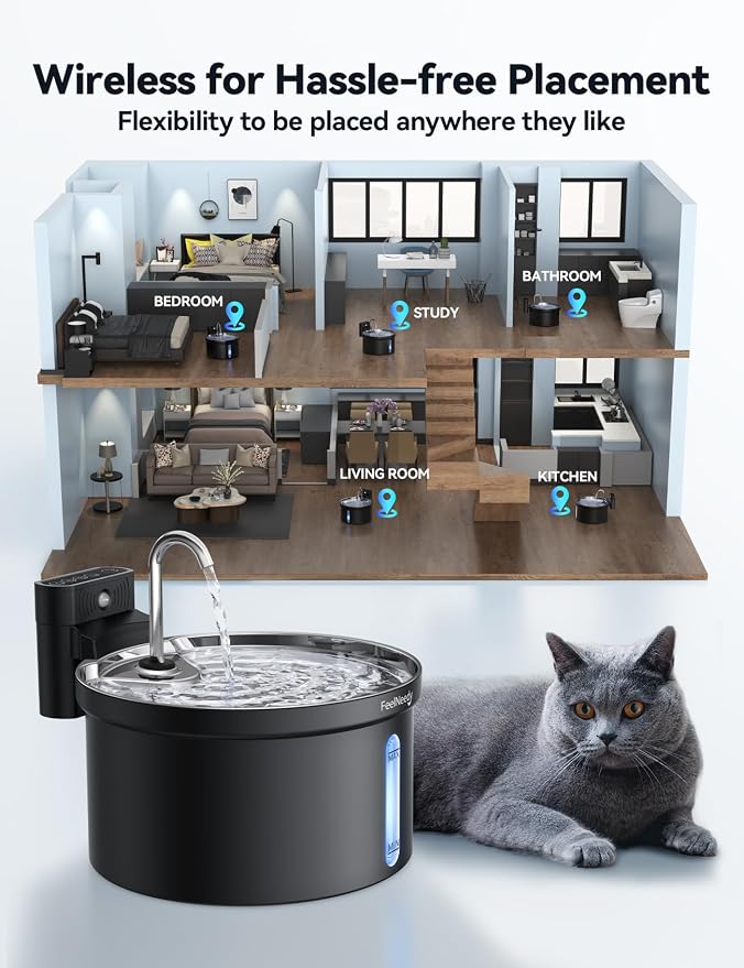 Wireless Cat Water Fountain FEELNEEDY 4000mAh Battery Operated Cat Fountain - Image 2