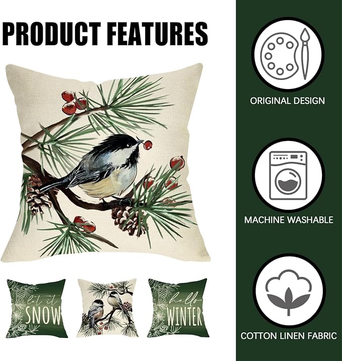 Fahrendom Hello Winter Green Decorative Throw Pillow Covers 20 x 20 Set of 4 - Image 4
