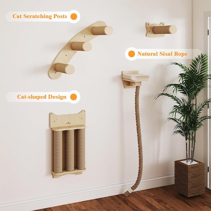 BYBYME Cat Climbing Wall Set Made of Natural Wood, Kitten Platform, 100CM Sisal - Image 5