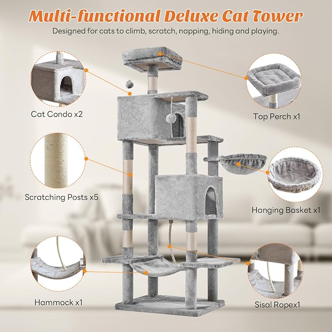 Sweetcrispy 66 inch Cat Tree Tower, Large Multi Level Cat Climbing Tower - Image 2