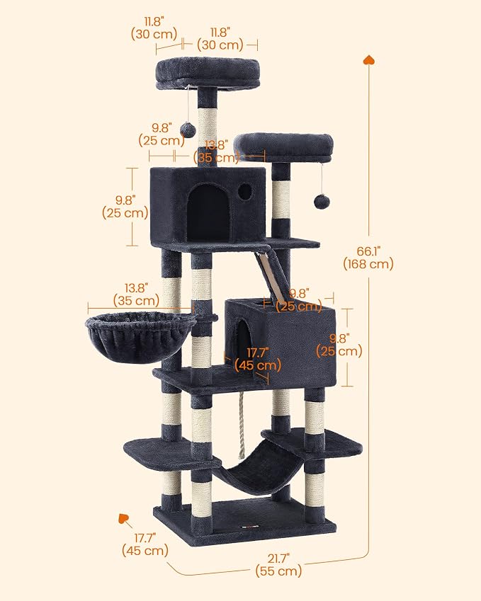 Feandrea Cat Tree, 66.1-Inch Large Cat Tower, 2 Perches, 2 Caves, Smoky Gray - Image 5