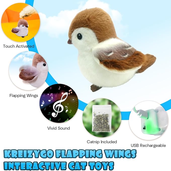 Cat Toys, Flapping Wings Sparrow, No Flying, Chirping Bird Interactive Catnip - Image 2