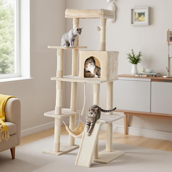 Large Cat Tree 63 Inch, Sisal Scratching Posts Board and Hammock, Pet Play House by Aidoly
