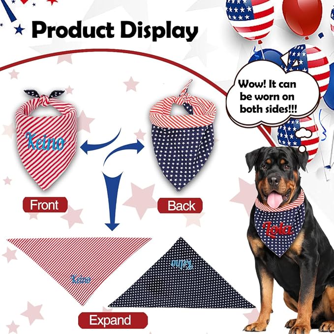 Personalized 4th of July Dog Bandana Embroidered Name Custom Neckwear Dog Scarf - Image 4