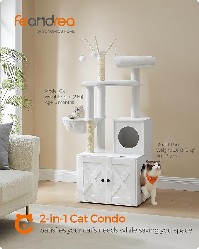 Feandrea Cat Tree with Litter Box Enclosure, 59-Inch Modern Cat Tower, 2-in-1 - Image 2