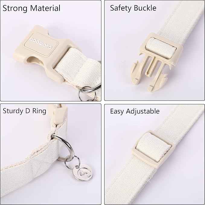 DOGWONG Cotton Hemp Dog Collar, Heavy-Duty White Dog Collar Adjustable Soft