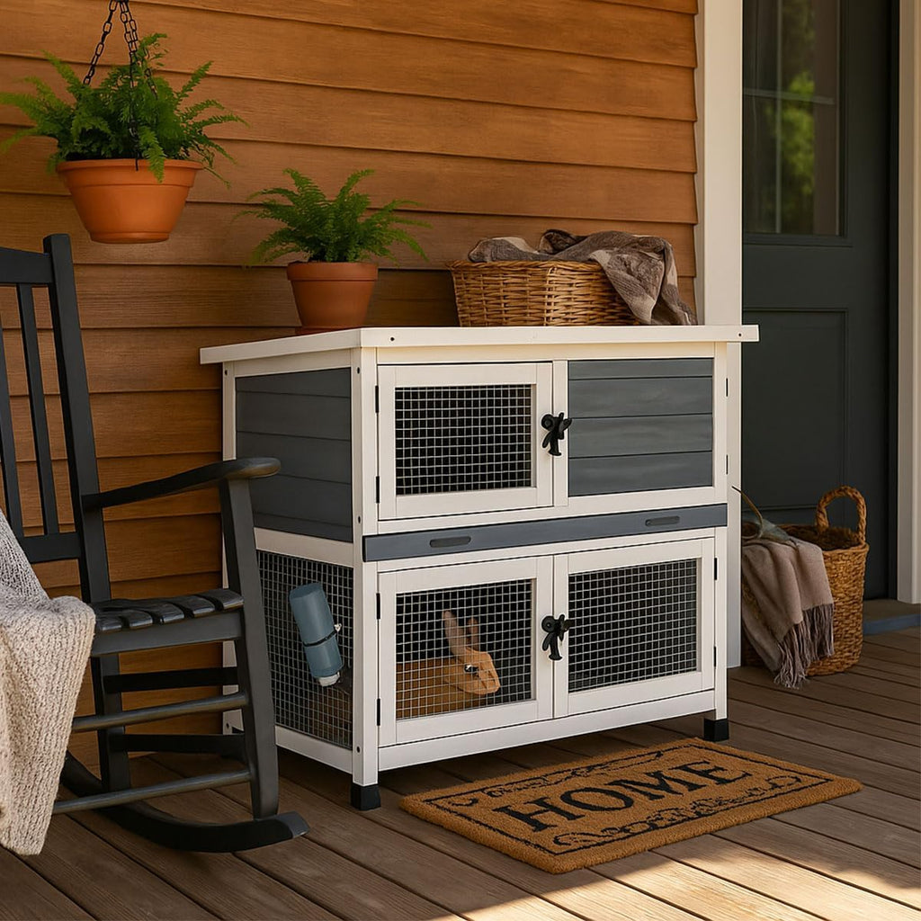 2-Story Solid Wood Rabbit Hutch with 2 Main Rooms, Grey - GlobalHabitat Supply