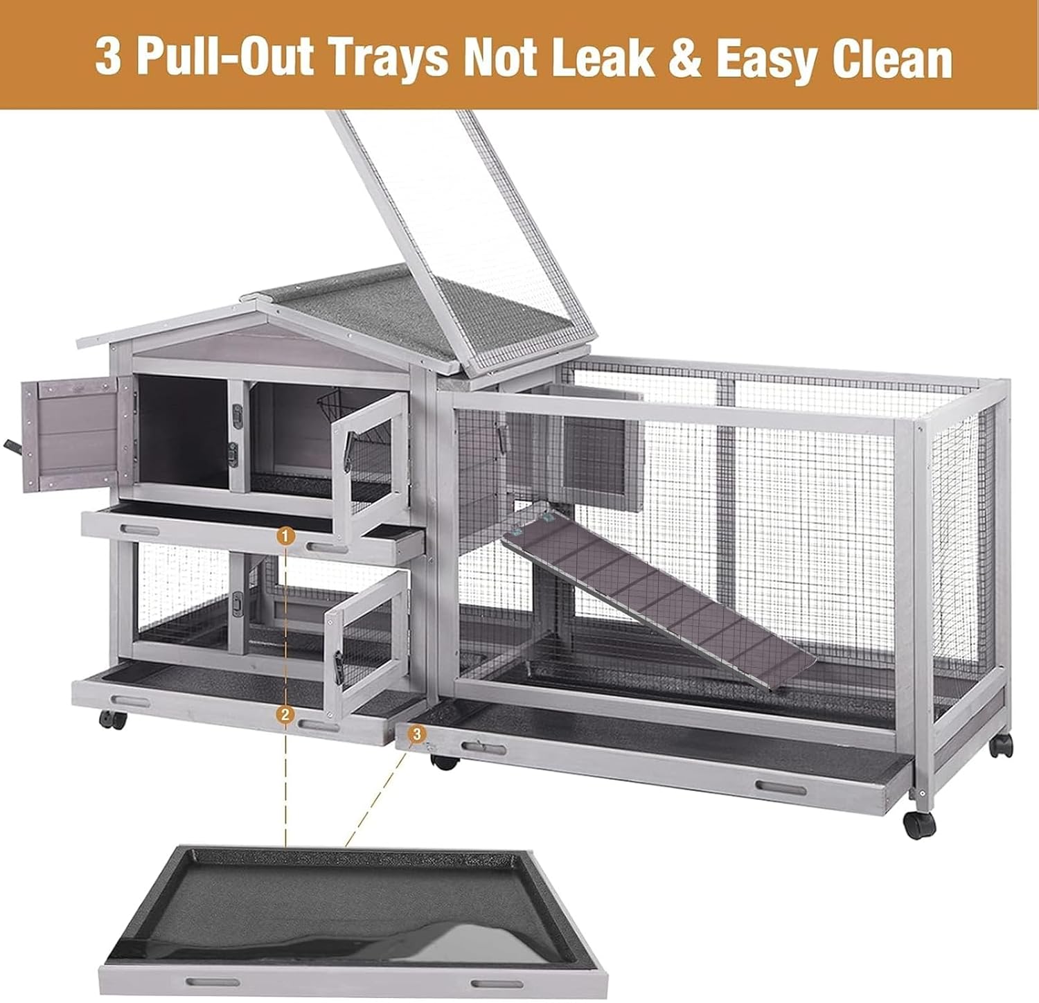 Rabbit Hutch with Waterproof Roof and Pull-Out Tray, 61.2" - GlobalHabitat Supply