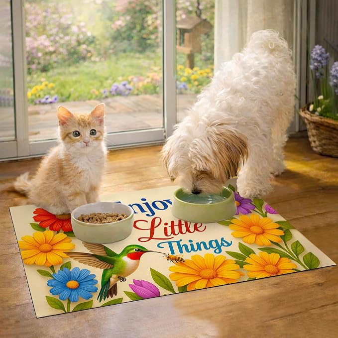 Hummingbird Pet Feeding Mat 24" x 16" Spring Design Non Slip Dog and Cat Bowl - Image 2