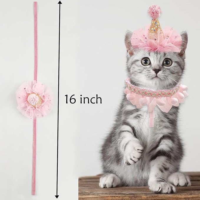 Birthday Hat Scarf Set for Pet Puppy Cat, Cute Lace Bandana Bib Scarf Crown Hat - Image 4