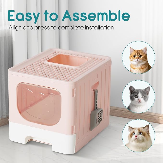 OLIXIS Cat Litter Box with Lid, Large Foldable Cat Box with Litter Scoop - Image 6