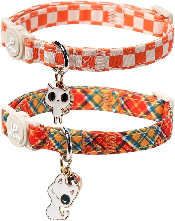 Cat Collar-2Pack Autumn Orange Plaid Kitten Collars-Halloween Plaid Breakaway by UPURARAPUP