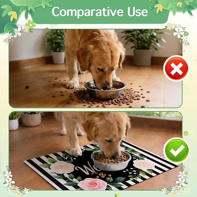Pet Feeding Mat 24" x 16" Floral Stripe Welcome Design Non Slip Dog Food Mat - Image 7