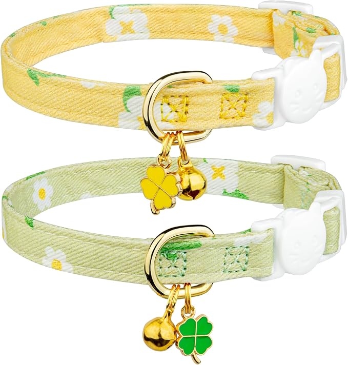 2 Pack Cotton Breakaway Cat Collar Green and Yellow Flowers Pendant Cute Kitten by Fyeqyaou