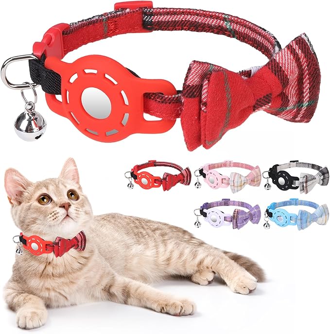 Airtag Cat Collar with Bells and Bowtie -Safety Elastic Band Kitten Collar by DILLYBUD