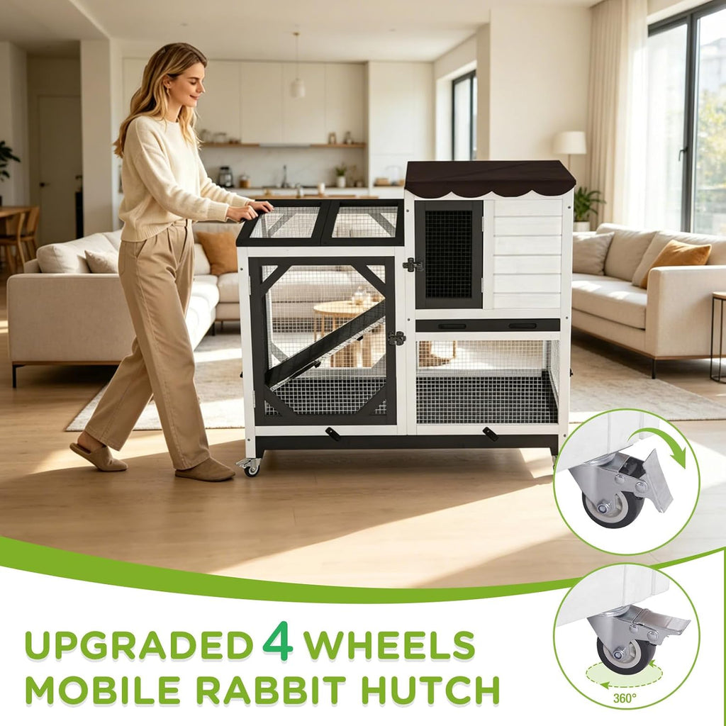Gutinneen 39.3" Rabbit Hutch with Wheels, Black and White - GlobalHabitat Supply