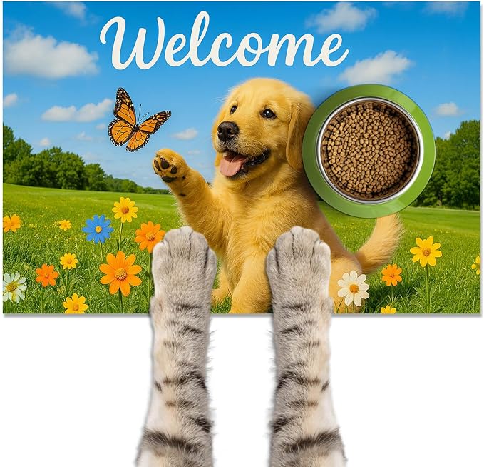 Welcome Spring Pet Feeding Mat 24" x 16" Non Slip Dog and Cat Food Mat Easy by HOMETITUTE