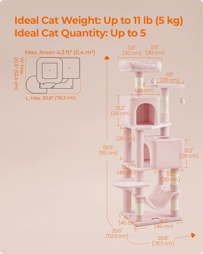 Feandrea Cat Tree, 59.5-Inch Tall Cat Tower, Plush Multi-Level Condo - Image 5