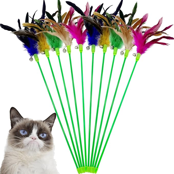 Interactive Cat Wand Feather Toys, 10 Pieces Feathers Stick Cat Toys by CATENEED