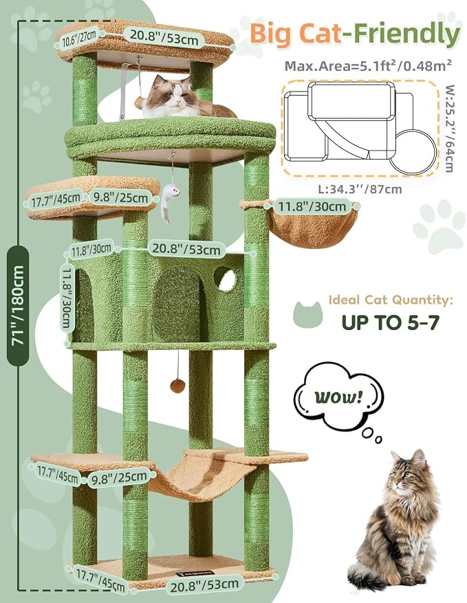 Taoqimiao 71 Inches Cat Tree for Large Cats 20lbs+, 3 Giant Perches, Widened - Image 2
