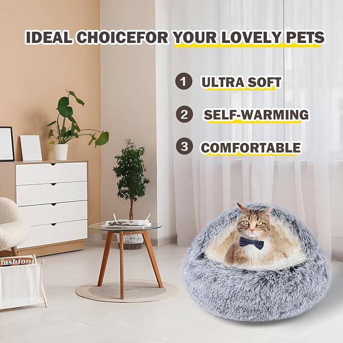 Cat Bed for Indoor Cats, Calming Cozy Cave - Image 3
