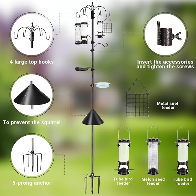 6-Hook Bird Feeding Station Kit Wild Bird Feeder Stand Pole, Mesh Tray and - Image 3