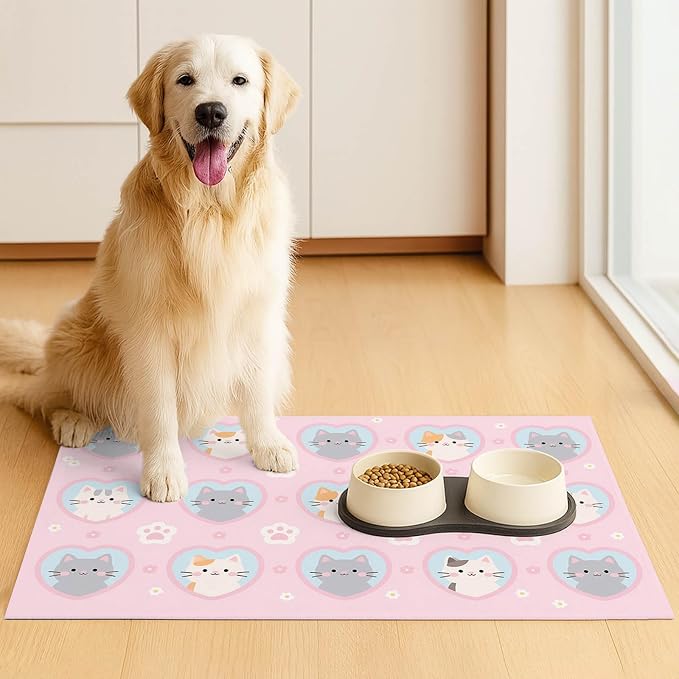 Cat Feeding Mat 24x16 inch Pink Heart Kitten Print Pet Bowl Placemat Non Slip - Image 3