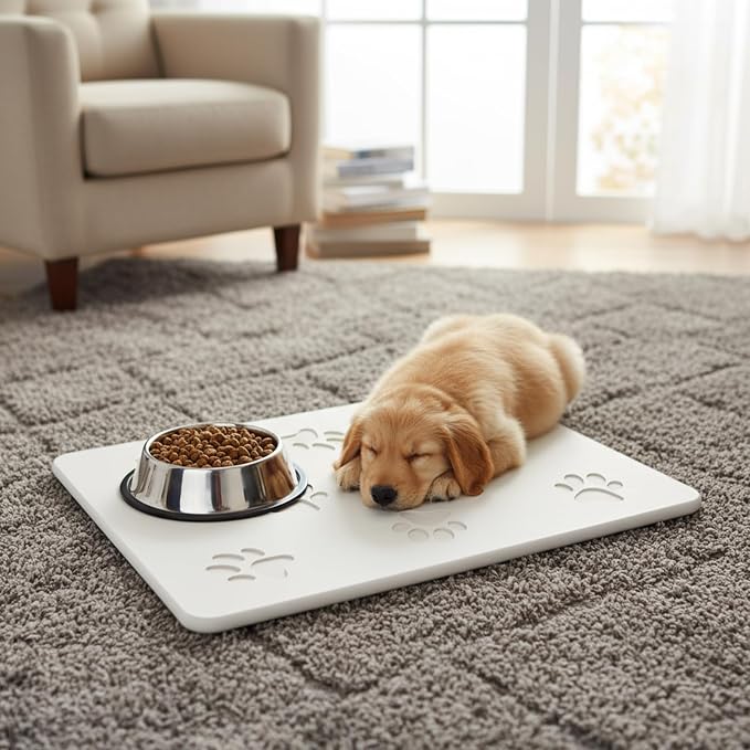 White Diatomaceous Earth Dog Bowl Mat | Non-Slip Pet Food & Water Mat | Square - Image 5