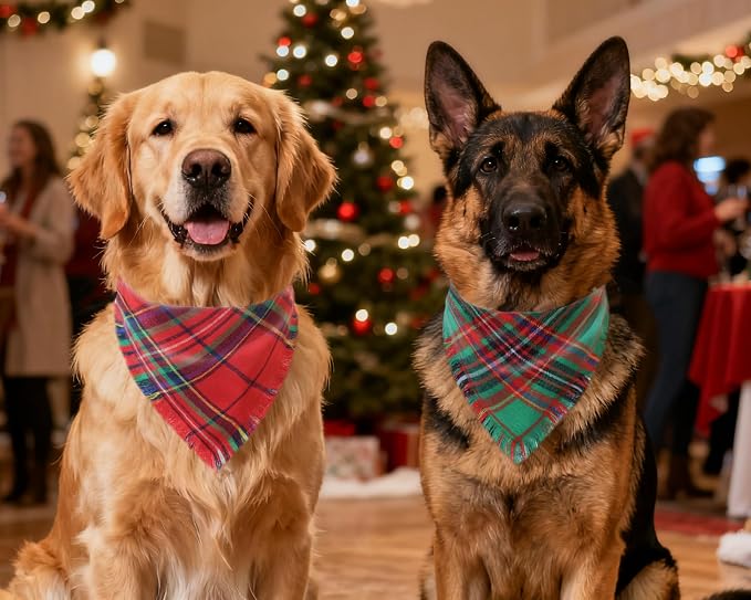 Christmas Dog Bandanas 2PCS-Large, Winter Classic Red Green Plaid Dog Scarf - Image 6