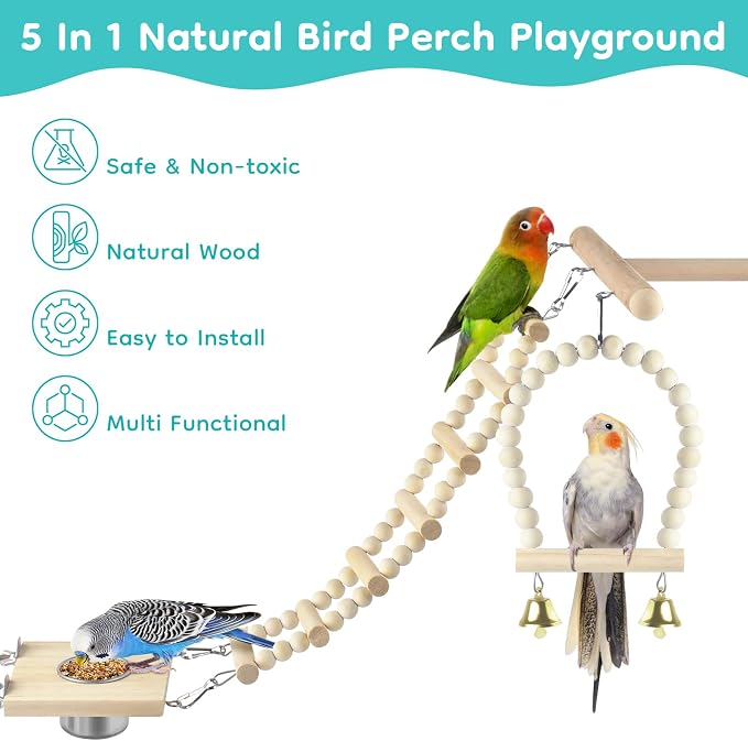 5in1 Bird Perch Ladder with Swing, Natural Wood Parrot Perches Platform with - Image 3