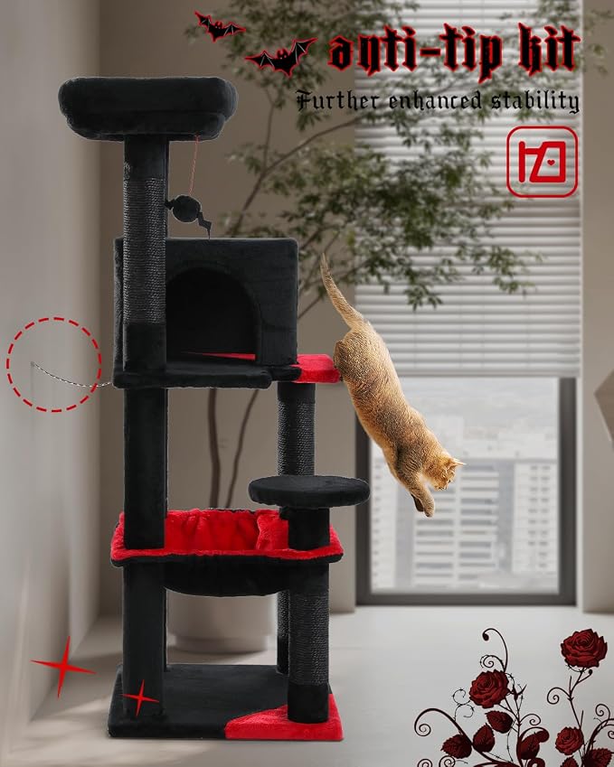 Gothic Cat Tree with Super Large Hammock, 45.7" Black Cat Tower with Coffin Bed - Image 6
