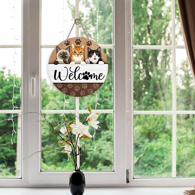 Deroro Welcome Cats Front Door Sign, Paw Prints Wood Door Hanger Outdoor - Image 5