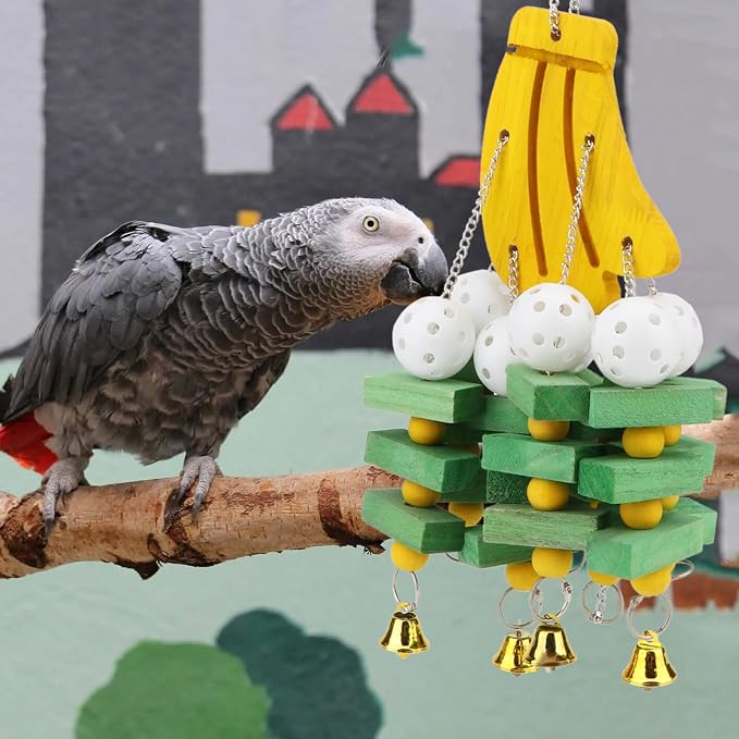 Hypeety Large Parrot Hanging Swing Toy Bells Chew Toy Colorful Hanging Wood - Image 6