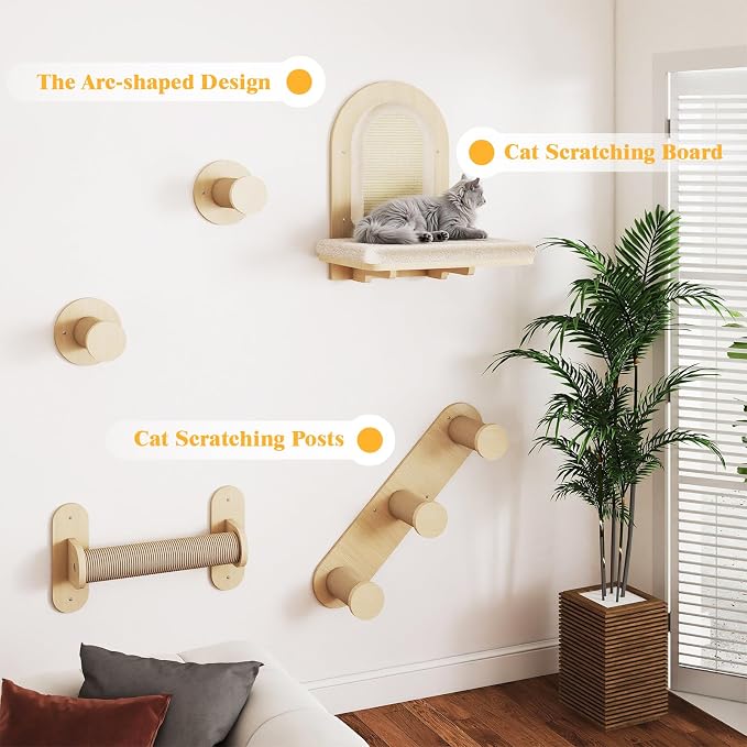 BYBYME 7Pcs Cat Wall Shelves, Solid Wood Indoor Cat Tree, Sturdy Wooden Wall - Image 5