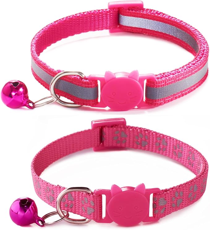 Reflective Cat Collar with Bells, Hot Pink Break Away Kitten Collar with Bells by YOUALSO
