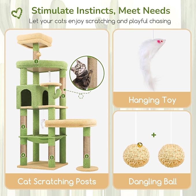 Globlazer Extra Large Platform Cactus Cat Tree, 65in Sturdy Cat Tree - Image 6
