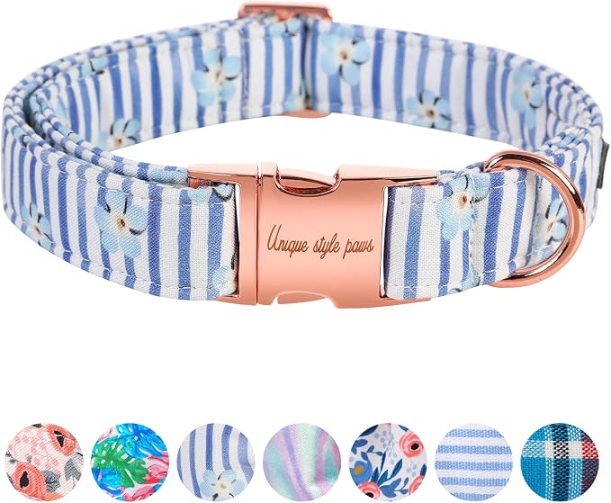 Unique style paws Dog Collar Metal Buckle Blue Striped Flower Collar Gift by Uniquestylepaws
