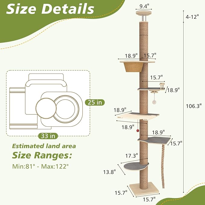 Floor to Ceiling Cat Tree, 5 Tier Cat Tower Adjustable Height, Tall Climbing - Image 2