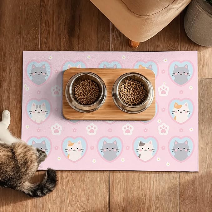 Cat Feeding Mat 24x16 inch Pink Heart Kitten Print Pet Bowl Placemat Non Slip - Image 5
