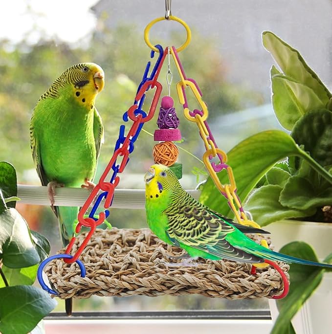Bird Swing Toy Seagrass Mat, Natural Sea-Weed Woven Parrot Hammock Swing Bird - Image 3