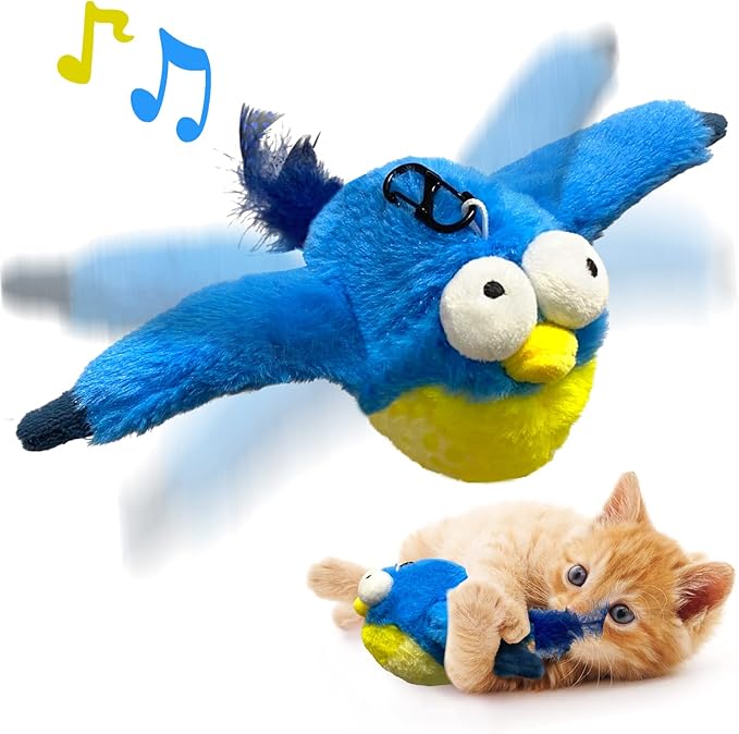 Cat Toys, Flapping Wings Blue-Bird, No Flying, Chirping Bird Interactive Catnip by KreizyGo