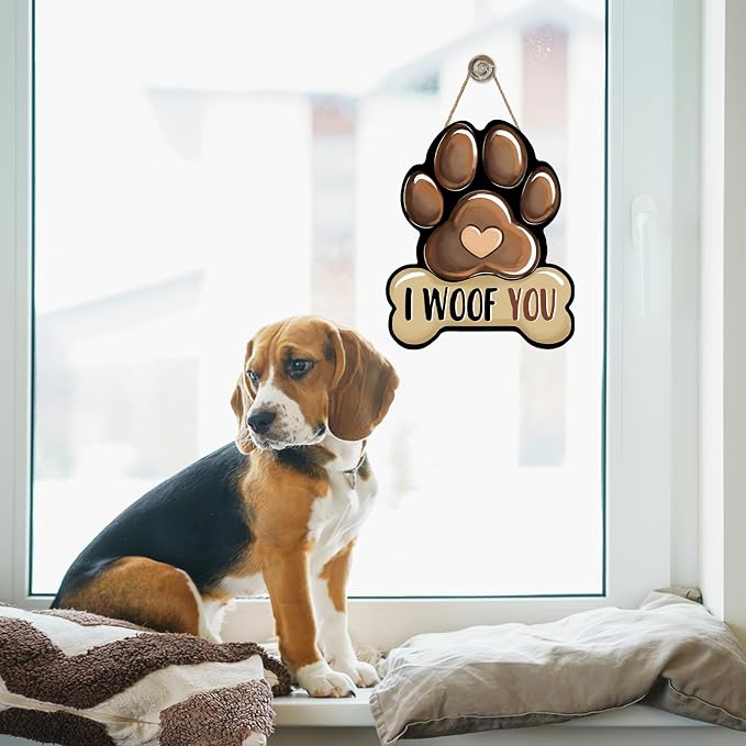 Dog Paw Prints Front Door Sign, I Woof You Bone Wood Hanger Outdoor Outside - Image 5