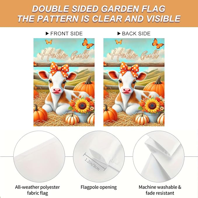 Hello Fall Garden Flag Cute Calf Cow Flag 12x18 Inch Polka Dot Bow Hay Pumpkins - Image 4