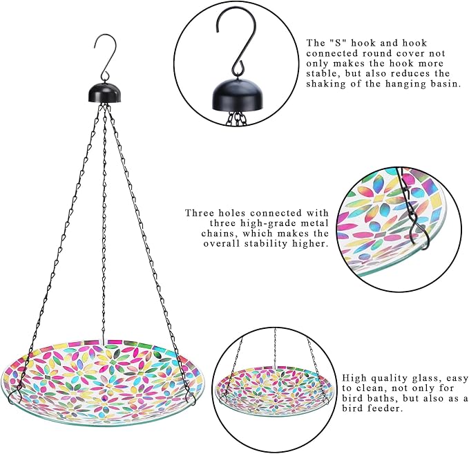 VCUTEKA Hanging Bird Bath, Glass Mosaic Bird Baths - Image 4