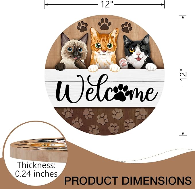 Deroro Welcome Cats Front Door Sign, Paw Prints Wood Door Hanger Outdoor - Image 2