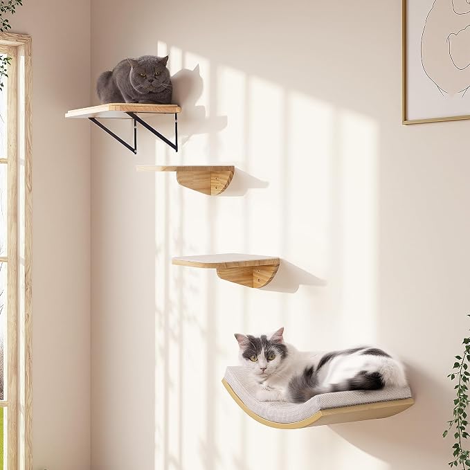 Cat Wall Shelf with Curved Hammock Bed, Wall Mounted Cat Perch with Beige Soft - Image 8