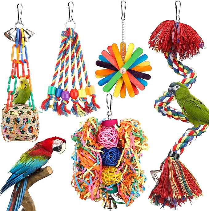 Bird Toys Rope Perch with Bell Colorful Bird Chewing Shredding Foraging Toys by YIXUND